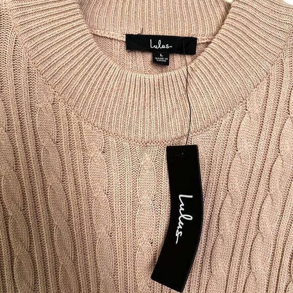 NWT Lulus Fall Cutie Beige Cable Knit Mock Neck Ruffled Mini Sweater Dress L - Picture 6 of 7
